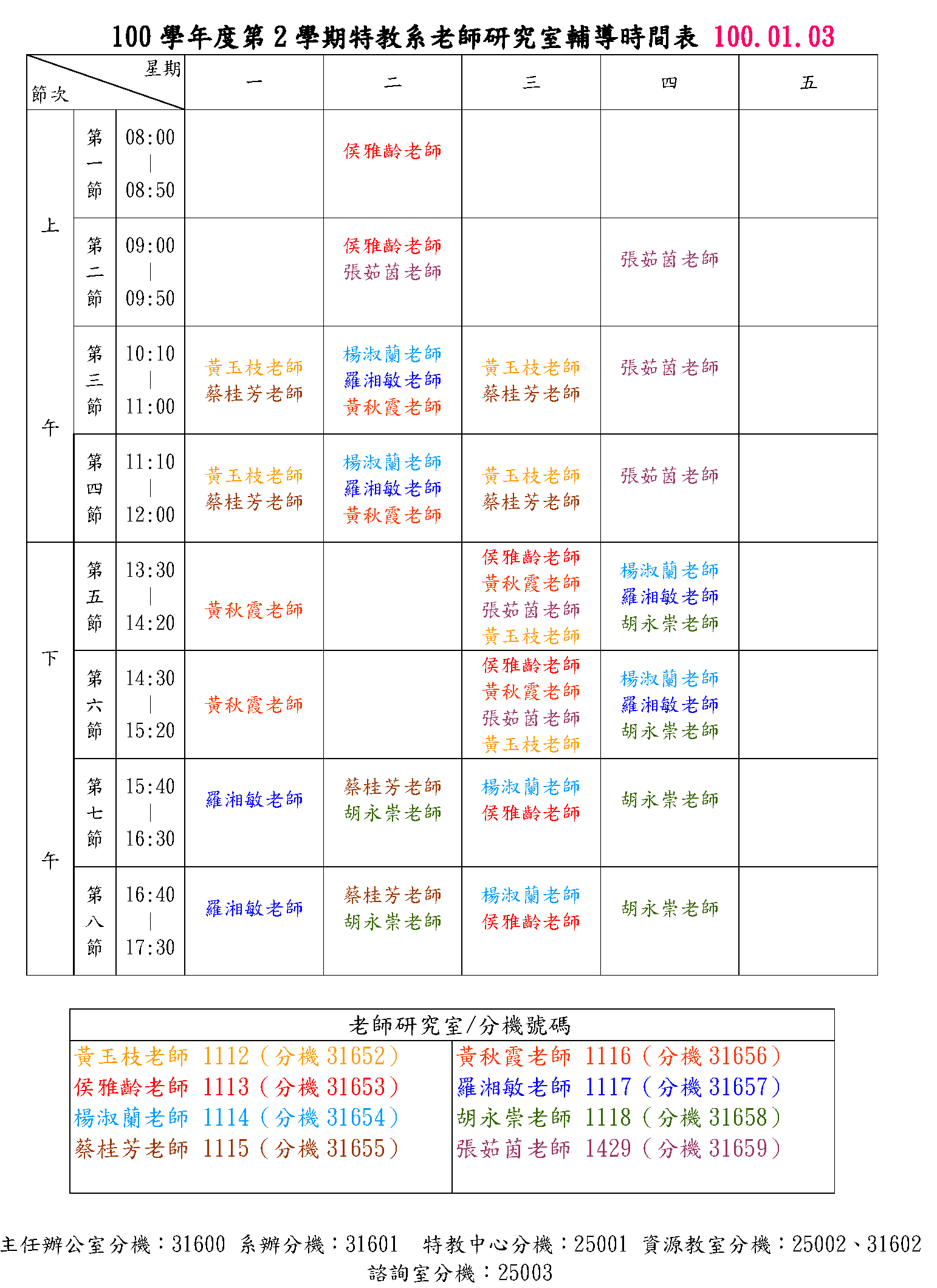 100-2特教系老師研究室輔導時間表