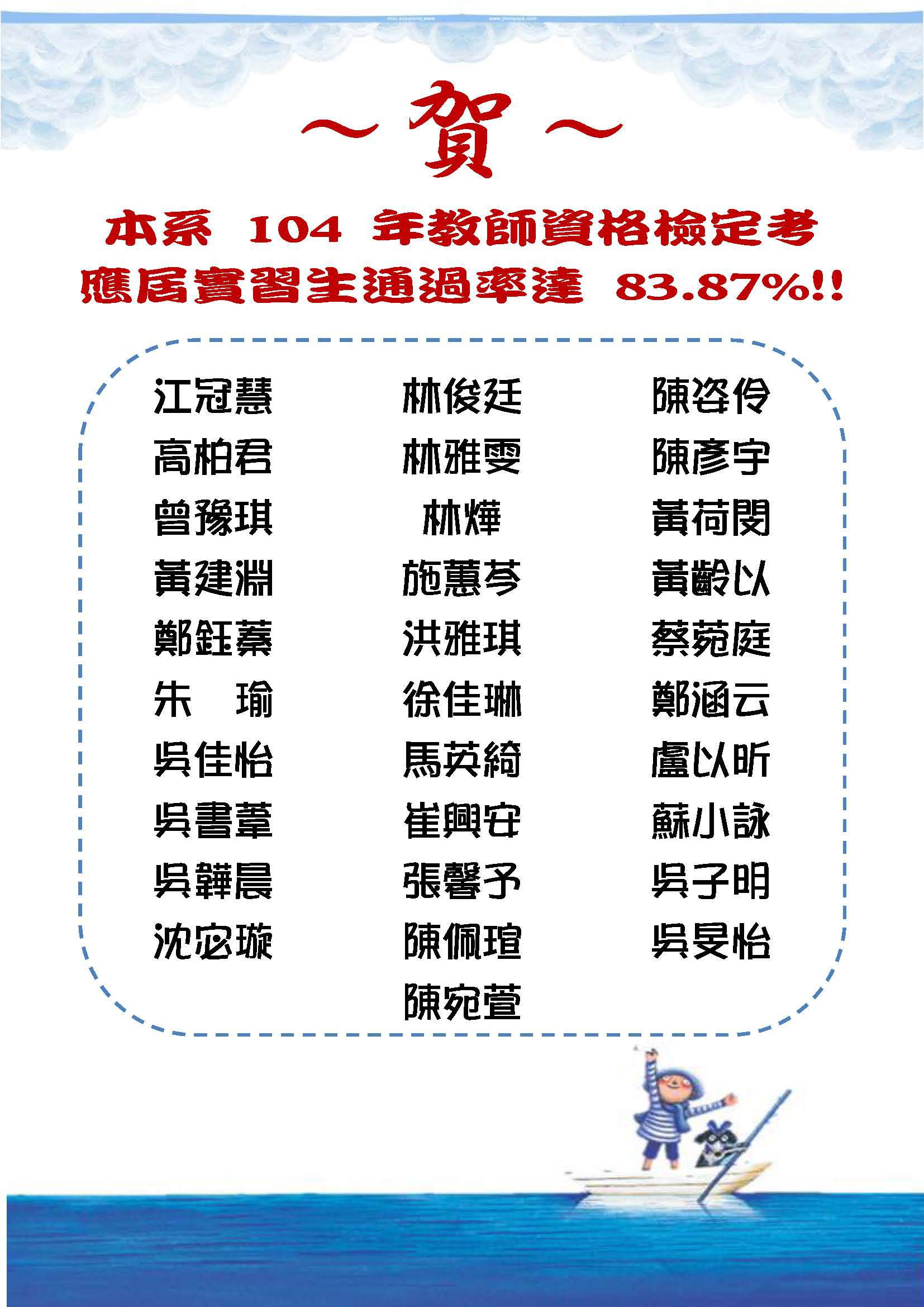 104 年教師資格檢定考應屆實習生通過名單