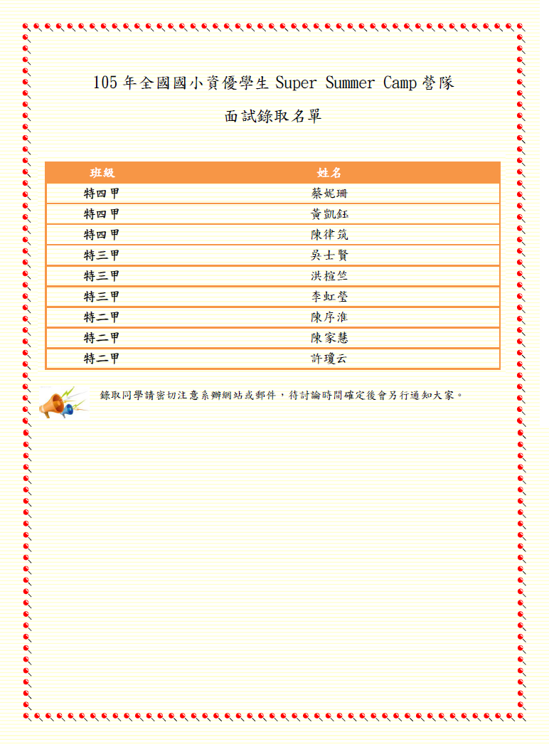 105年全國國小資優學生Super Summer Camp營隊小隊輔面試錄取名單
