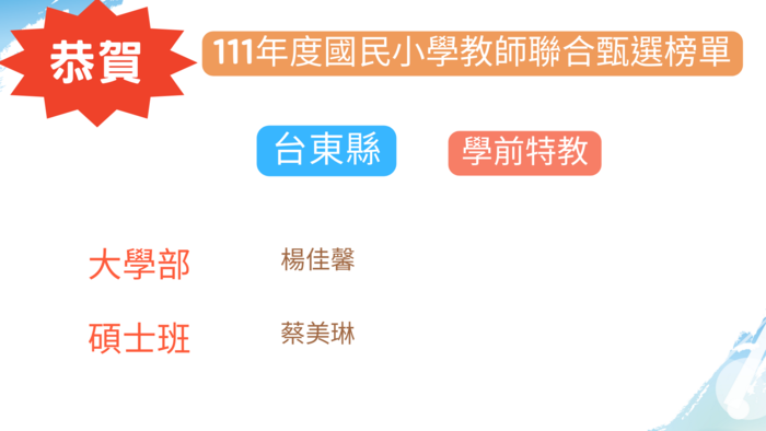 【恭賀】台東縣市111年度國民小學教師聯合甄選榜單圖片